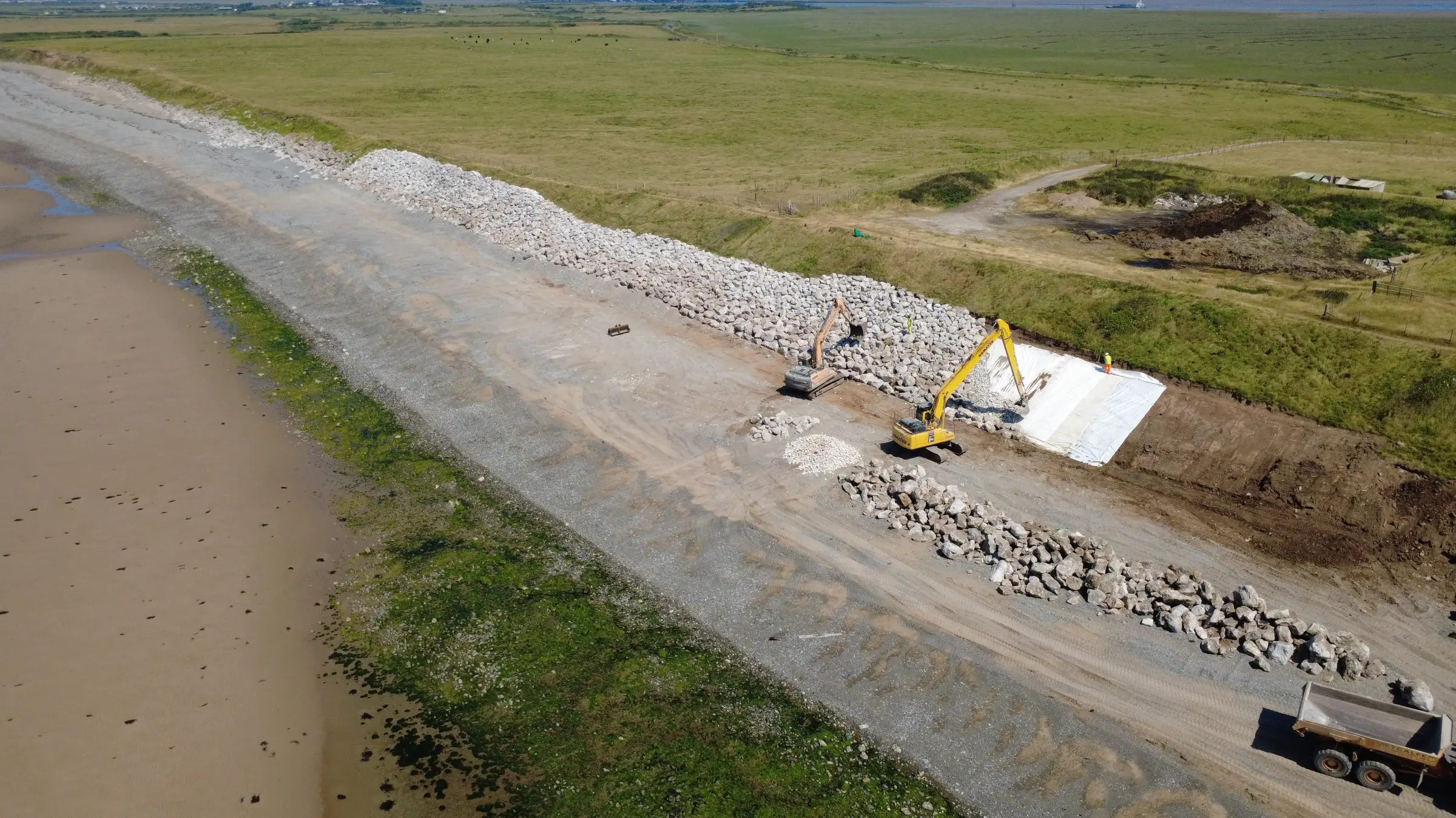 Aerial view of Cowran Estate Services excavators, liner and rock armour being coordinated along the South Walney workfront