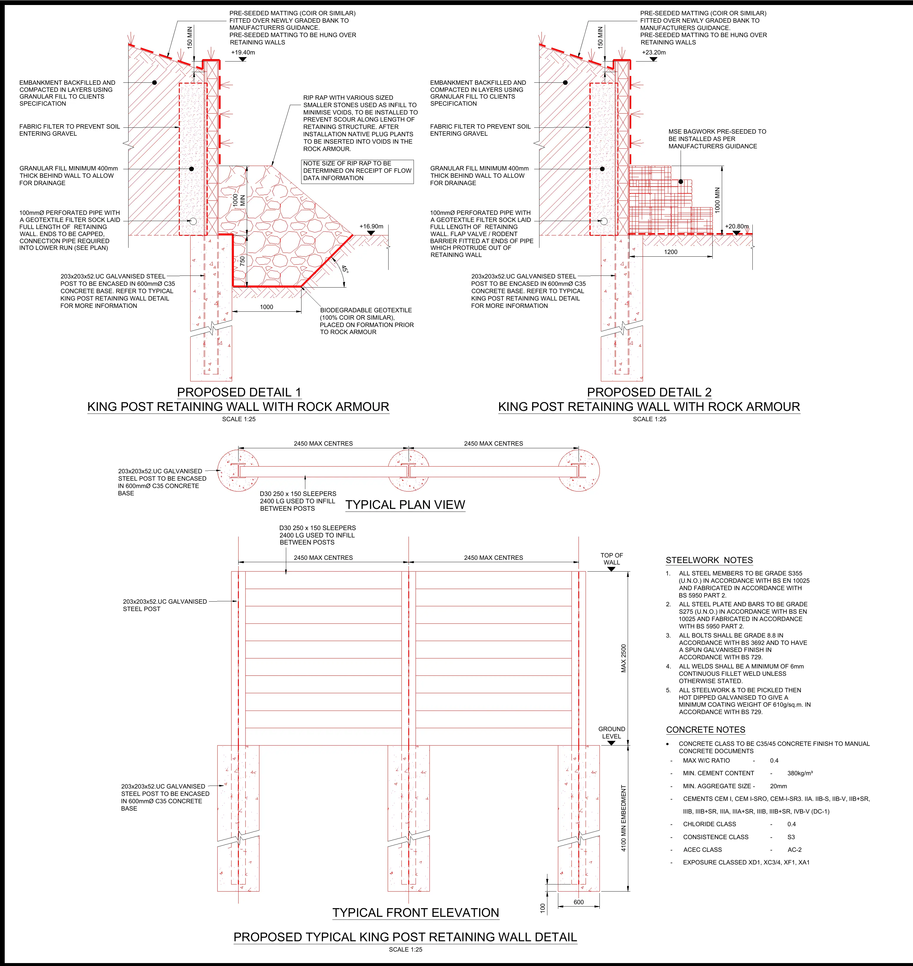 A.E. Yates king-post retaining details showing galvanized steel posts, concrete bases, sleeper infill, drainage, rock armour and bagwork
