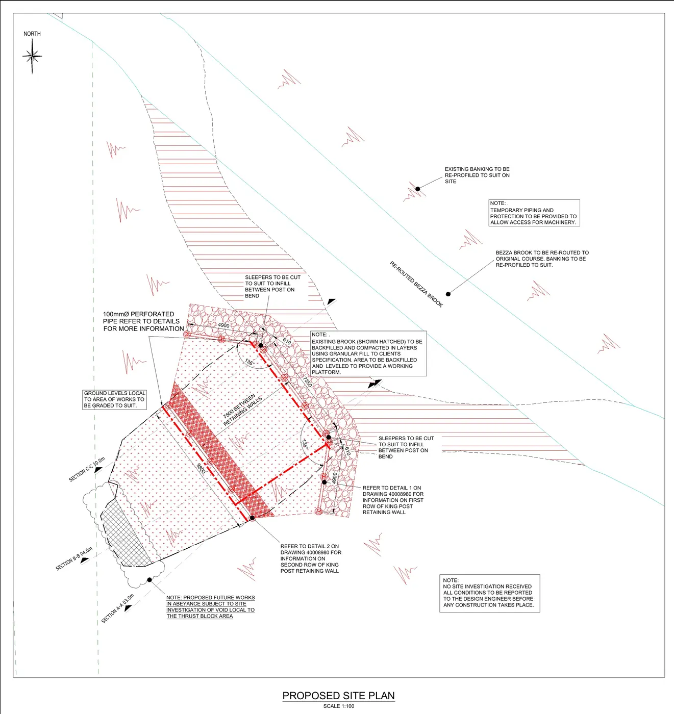 A.E. Yates proposed works layout for Bezza Brook showing the retaining wall, reinstated brook alignment and delivery interfaces