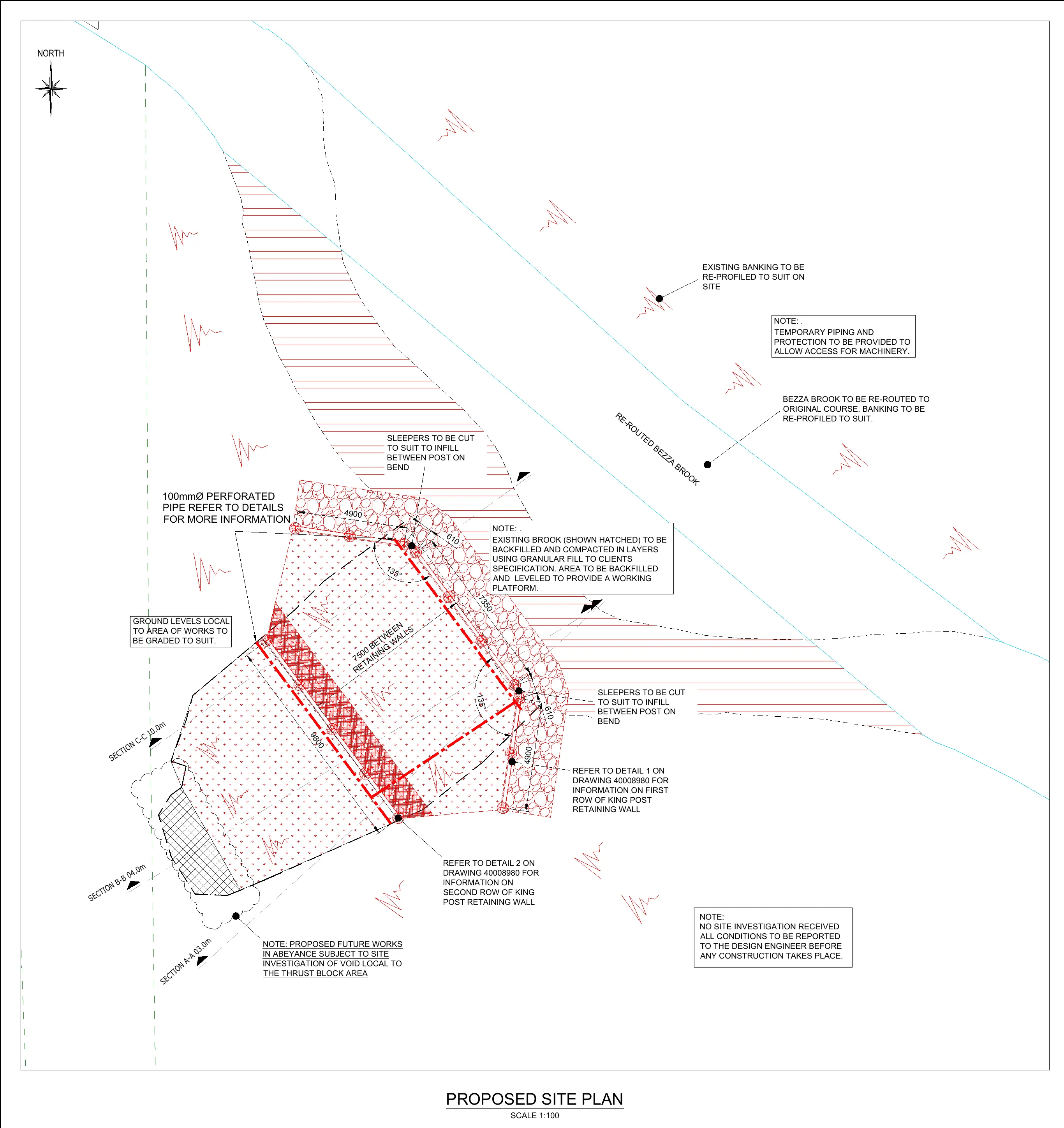 A.E. Yates proposed layout for Bezza Brook showing the rerouted channel, two retaining-wall rows, rock armour, drainage and bank reprofiling